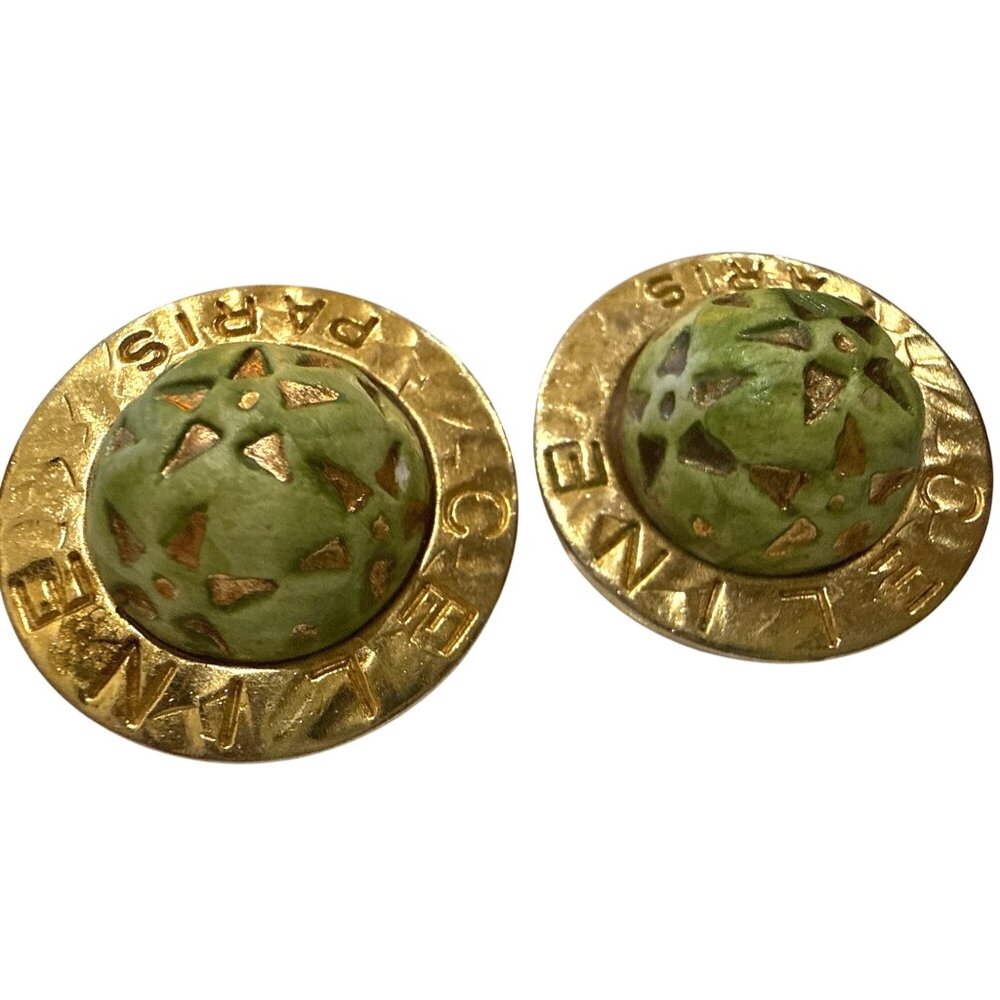 Celine Vintage Signed Clip-on Yellow Gold Tone Green 80s Bold Earrings